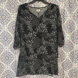Old Navy Tunic Shirt Women XXL Black Floral Cottagecore Peasant Top 3/4 Sleeves